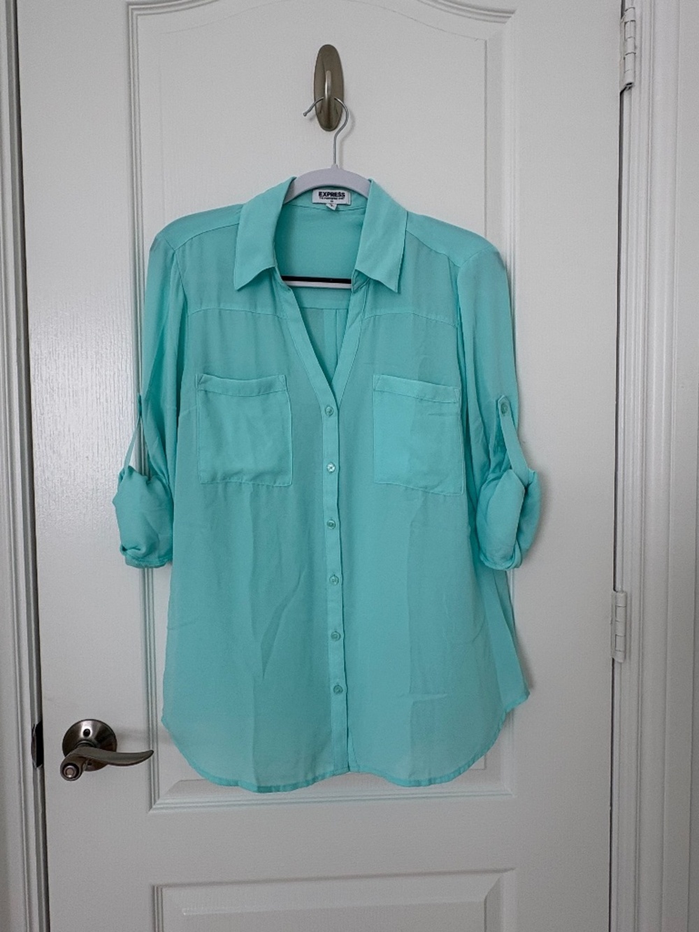 Express Portofino Shirt Aqua Button Down Roll Tab Sleeve Blouse Size L